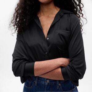 Gap Satin Black Button Front Boyfriend Shirt XXL Corporate Goth Dark Academia